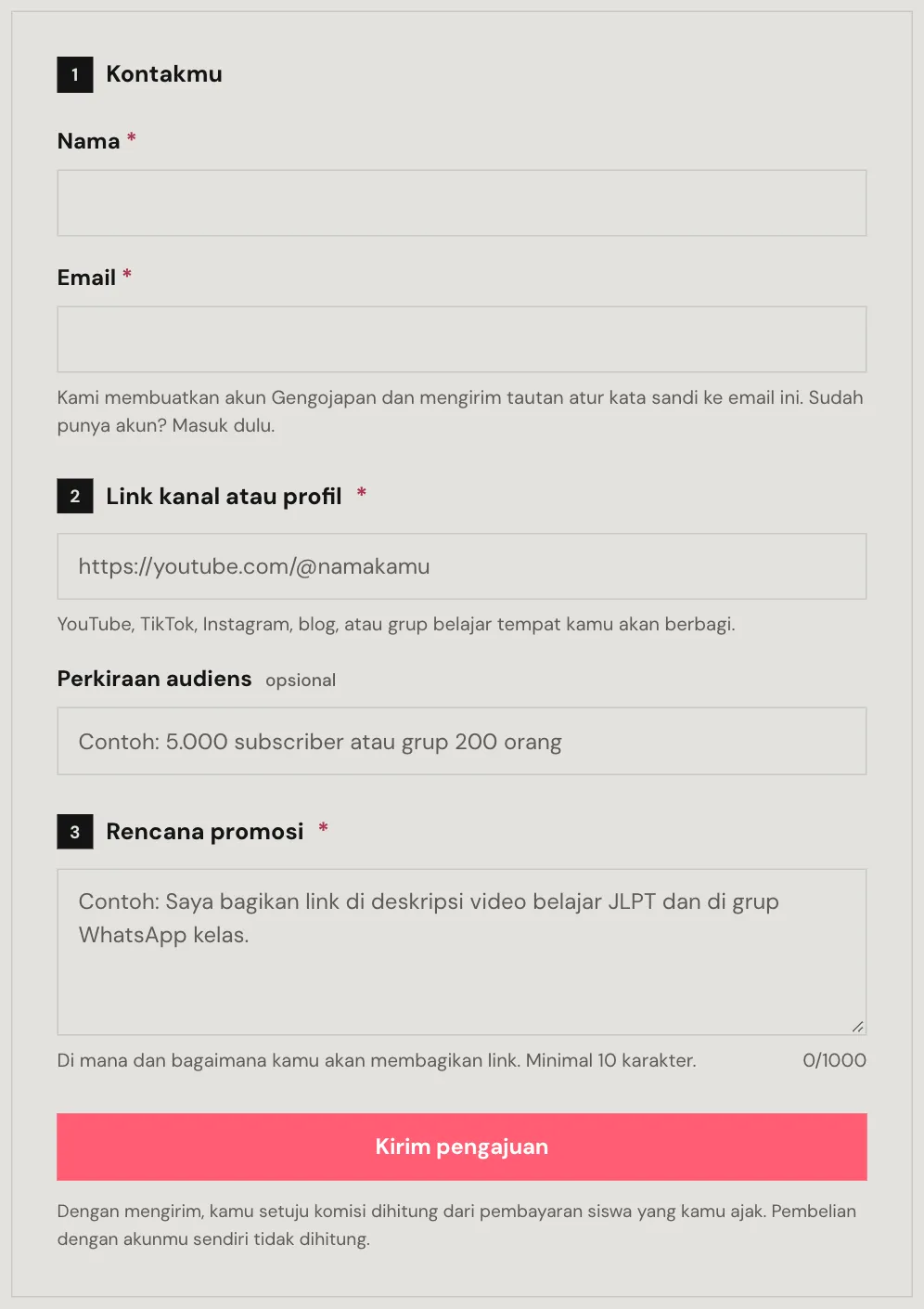 Formulir pendaftaran afiliasi: kontak, link kanal atau profil, dan rencana promosi.