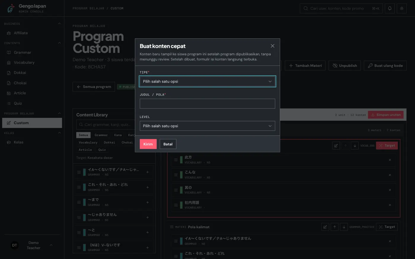 Dialog Buat konten cepat di builder program: pilih tipe, isi judul, dan pilih level.