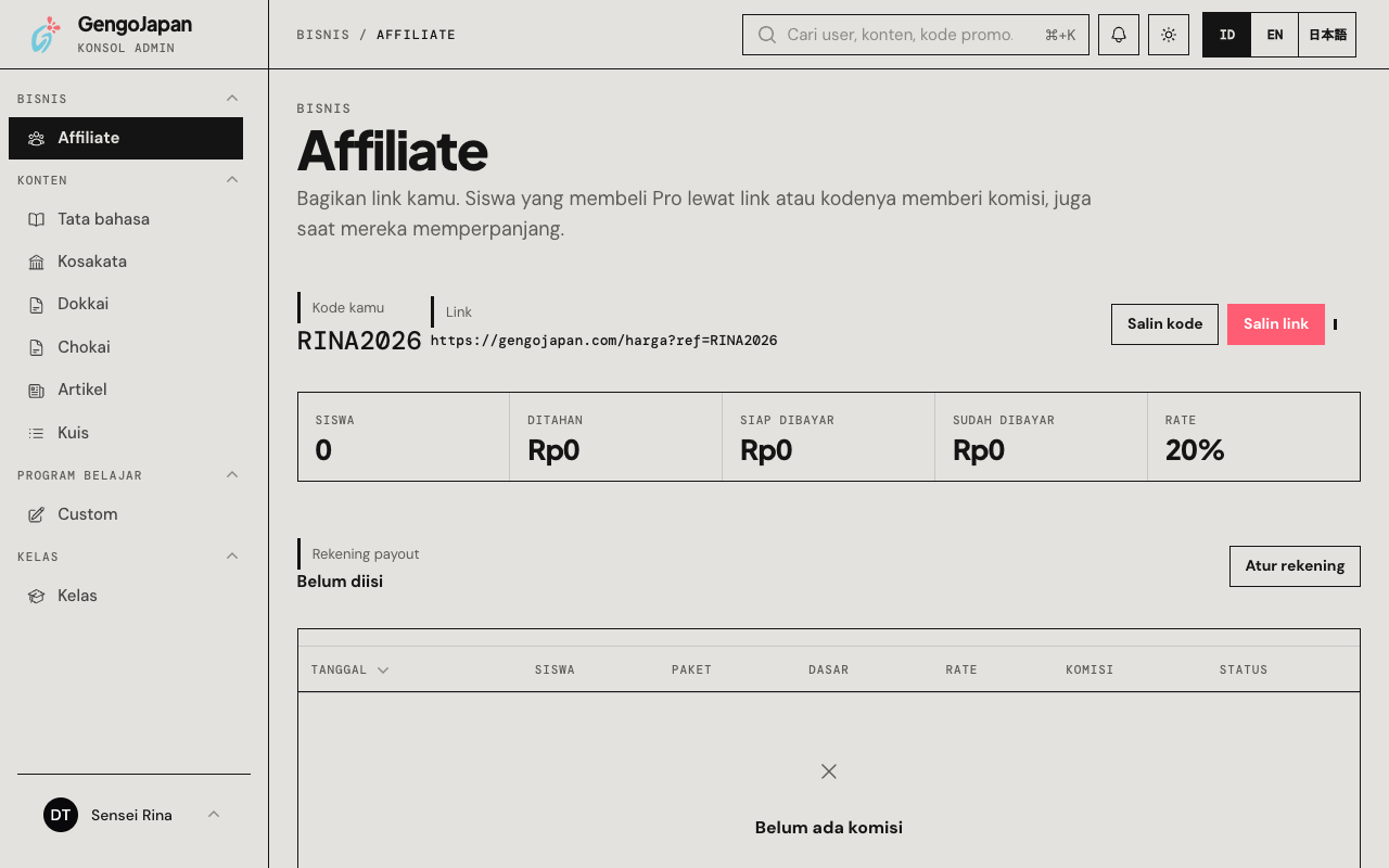 Halaman Affiliate di panel sensei